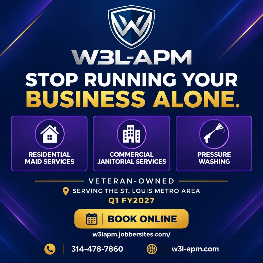 W3L-APM Q1 flyer: Residential Maid, Commercial Janitorial, and Pressure Washing services — book online at w3lapm.jobbersites.com or call 314-478-7860