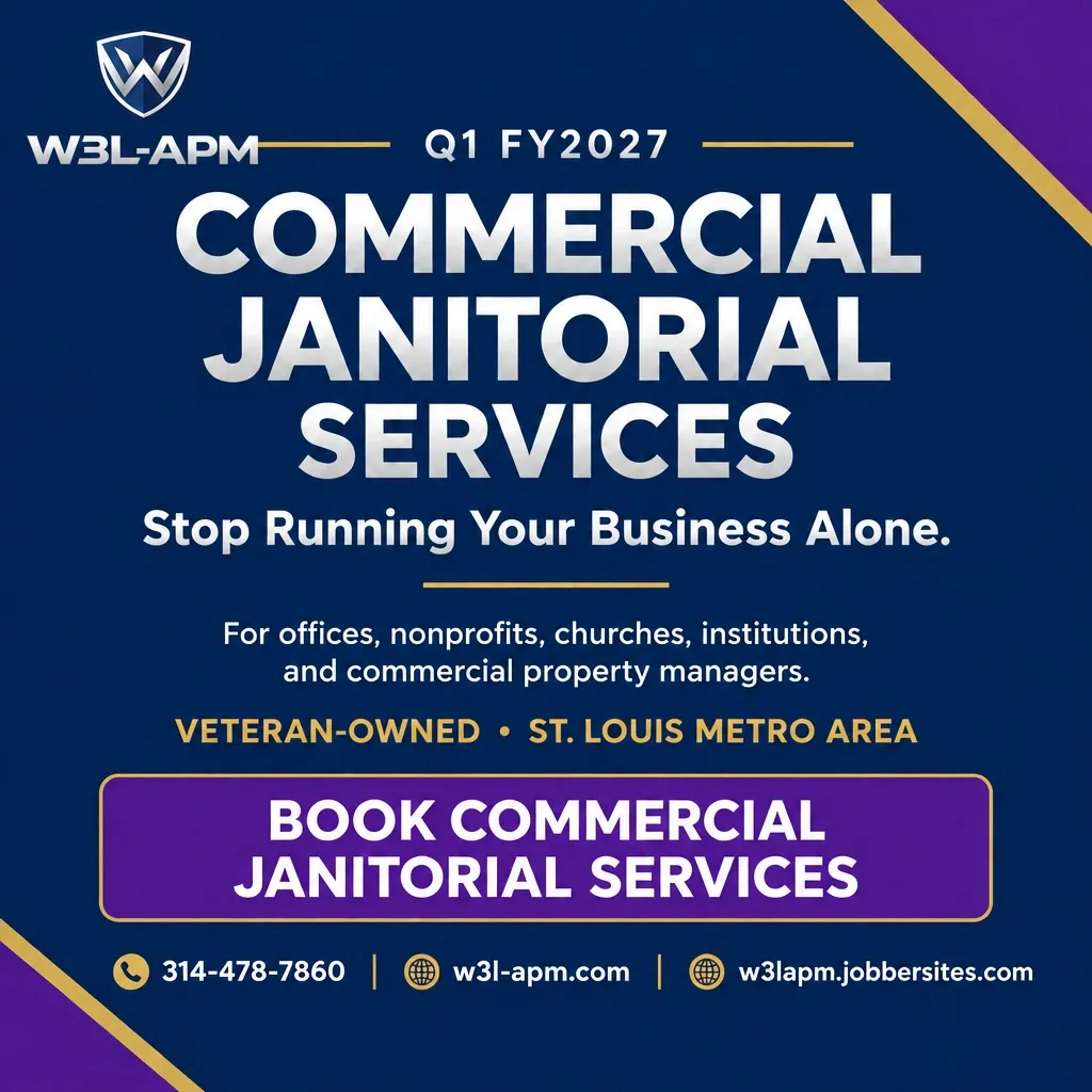 W3L-APM Q1 Commercial Janitorial Services flyer for the St. Louis Metro; book at w3lapm.jobbersites.com or call 314-478-7860