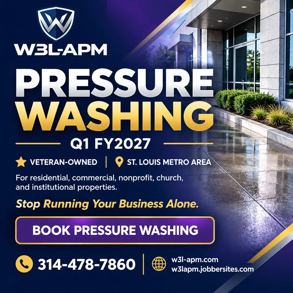 W3L-APM Q1 Pressure Washing flyer for the St. Louis Metro; book at w3lapm.jobbersites.com or call 314-478-7860